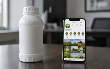 Frasco genérico de defensivo agrícola ao lado de um celular exibindo um perfil fictício do setor nas redes sociais, em ambiente corporativo.