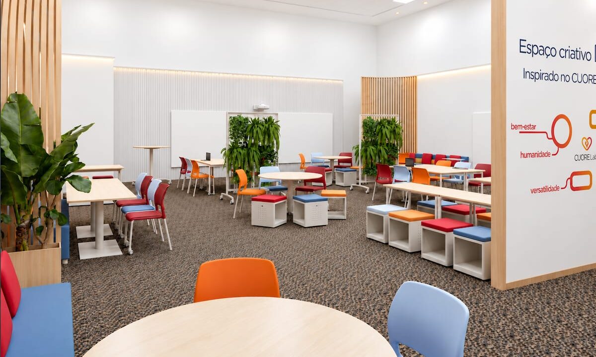 CuoreLab®, conceito de ambiente educacional colaborativo que combina design ergonômico, flexibilidade, elementos naturais, tecnologia e princípios de aprendizagem ativa.